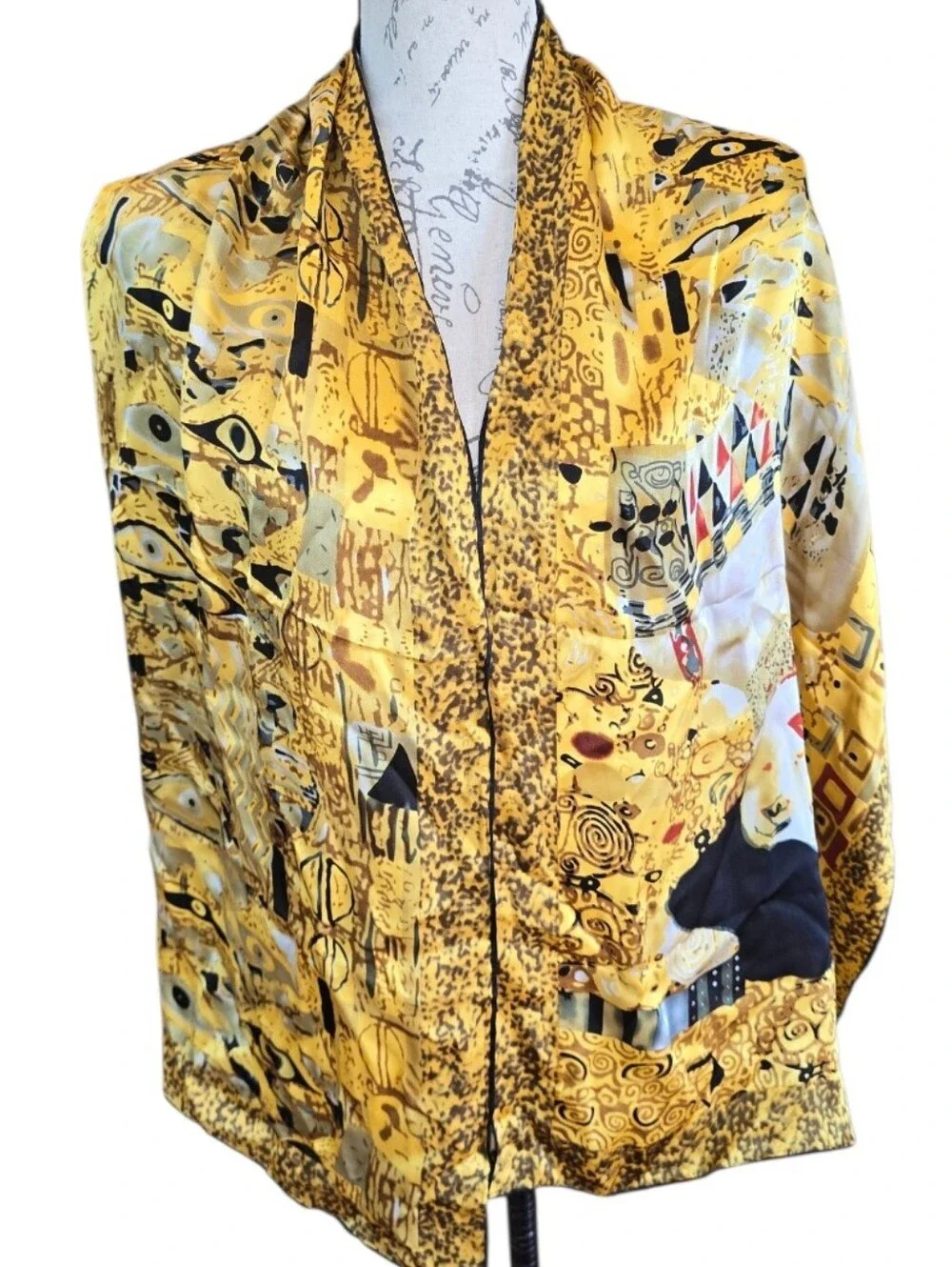 Gustav Klimt Artwork Print Gold Black Oblong Silk Scarf